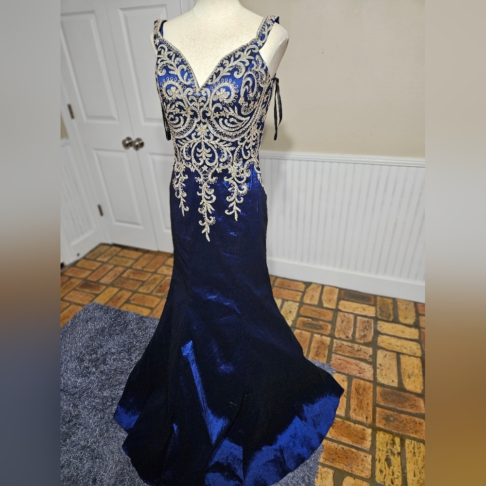 JVN by Jovani Navy and Gold Embellished Gown